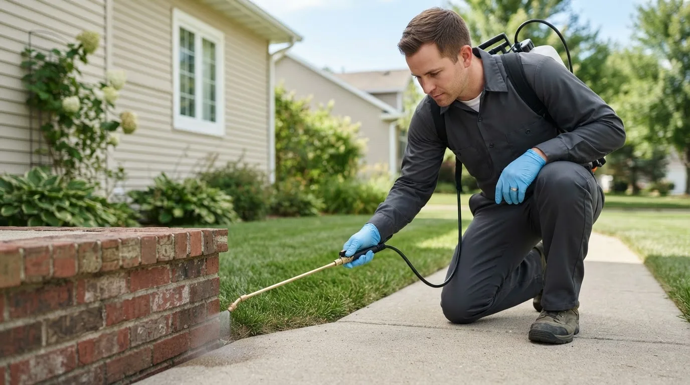 Pest control technician treating a home near Edinburg, PA